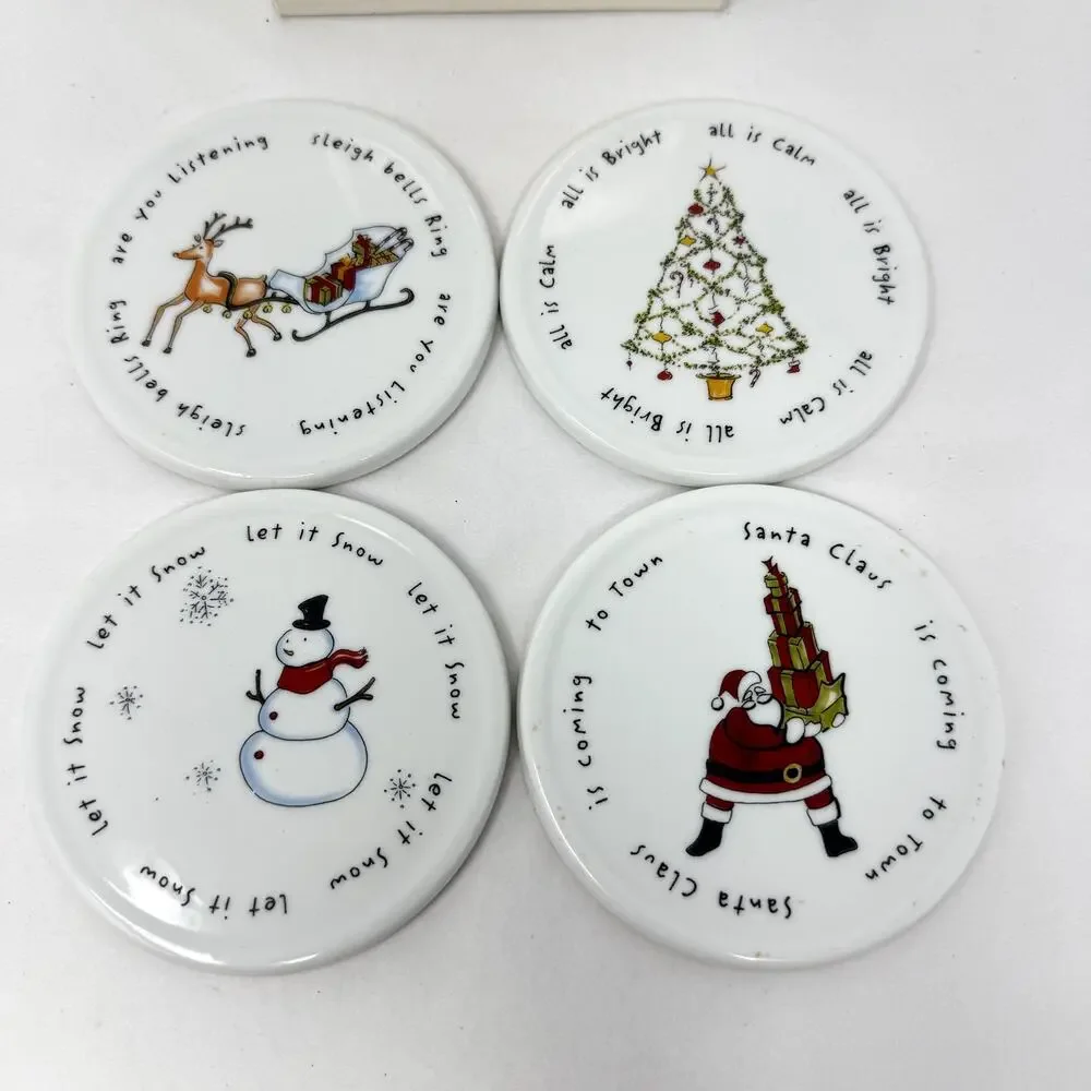Pottery Barn Holiday Cheer Christmas Coaster Set of 4 Ceramic Cork w/ Box